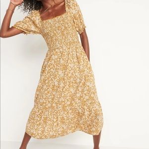 Fit & Flare Puff-Sleeve Tiered Floral Midi Dress